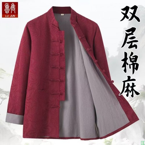 春秋款唐装男青年中国风中老年人提花棉麻上衣中式服装居士服外套