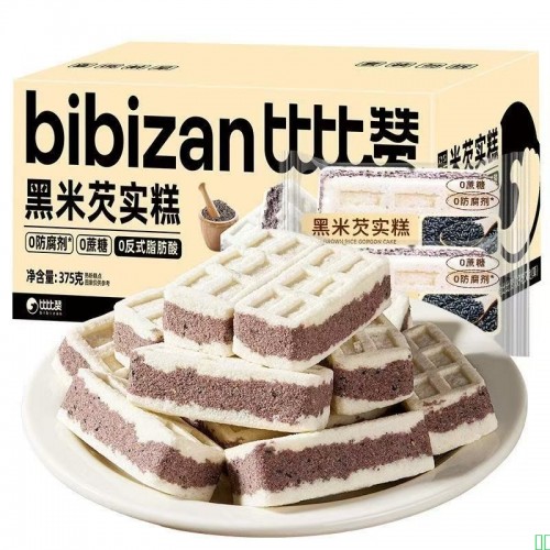 比比赞黑米芡实糕375g无蔗糖传统小吃黑芝麻软糕点粗粮代餐零食品