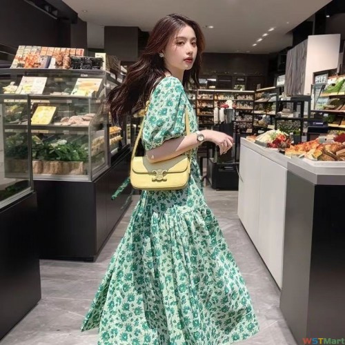 式复古水墨画背带连衣裙套装女夏气质遮肉显瘦长裙外搭牛仔外套