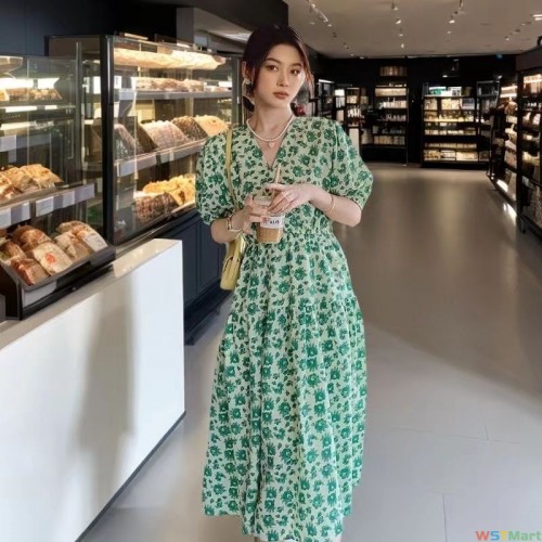 复古国风水墨印花连衣裙女2024新款清冷感气质方领收腰显瘦桔梗裙