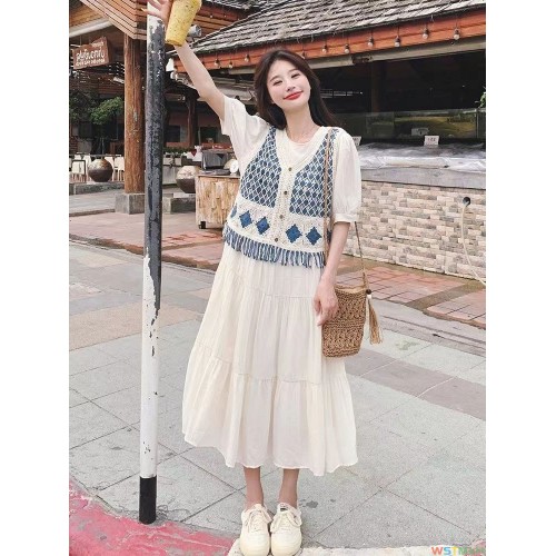 2024夏季新款女韩版显瘦气质碎花吊带连衣裙搭针织开衫上衣两件套