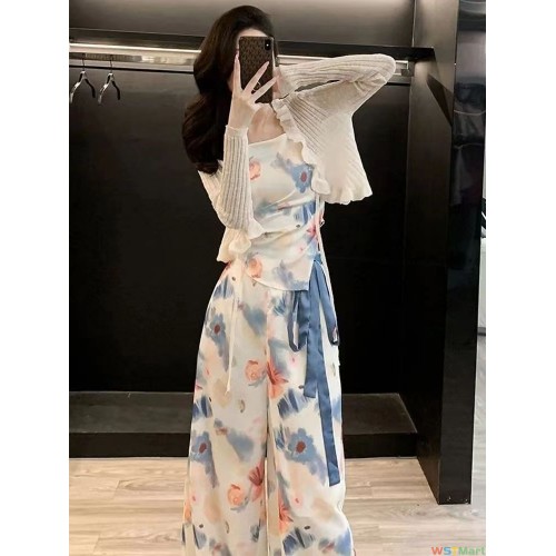 高级感小众穿搭吊带阔腿长裤女士三件套