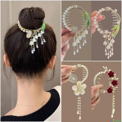 新中式古风粉色花朵流苏发簪