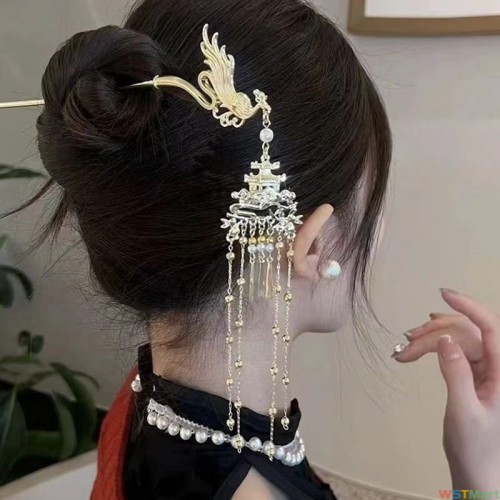 新中式古风粉色花朵流苏发簪