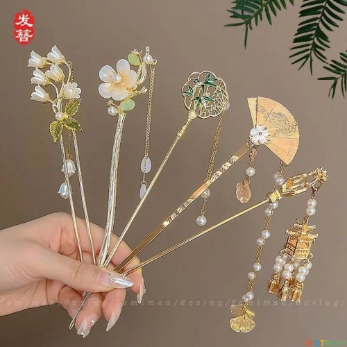 新中式古风粉色花朵流苏发簪