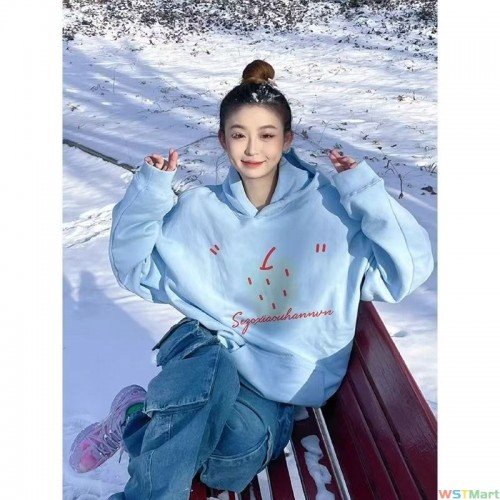 欧美式潮牌连帽卫衣女秋冬季加绒宽松oversize洋气百搭上衣