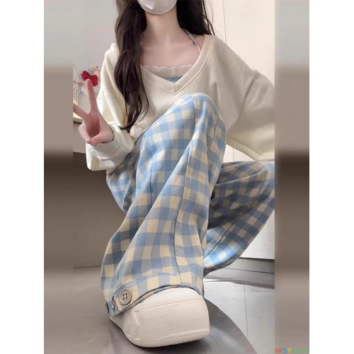 蓝格子新款女裤子纯棉