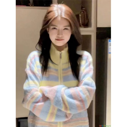 彩虹糖果色外套纯棉秋冬甜美