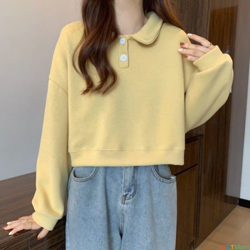 2024秋季新款韩版小个子上衣女POLO领洋气宽松短款卫衣设计感小众