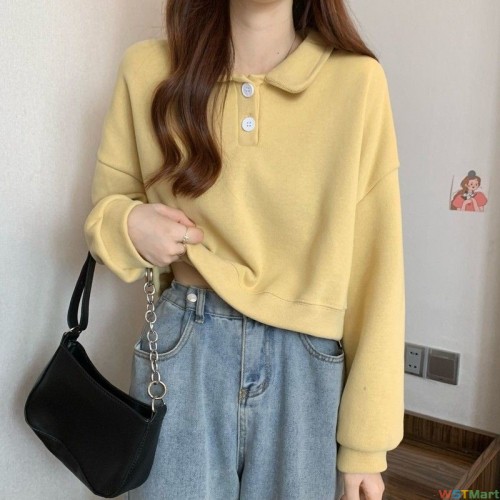 2024秋季新款韩版小个子上衣女POLO领洋气宽松短款卫衣设计感小众