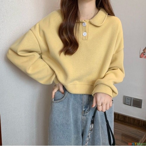 2024秋季新款韩版小个子上衣女POLO领洋气宽松短款卫衣设计感小众