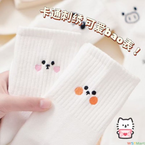 白色袜子女刺绣夏季棉袜中筒袜网红百搭学生少女街头运动袜女
