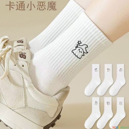白色袜子女秋冬季中筒袜抗菌运动卡通可爱防臭冬季