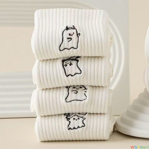 白色袜子女秋冬季中筒袜抗菌运动卡通可爱防臭冬季