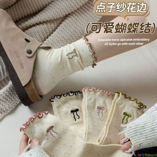 袜子女中筒木耳边秋款无骨袜可爱卡通点子沙蝴蝶结月子长袜