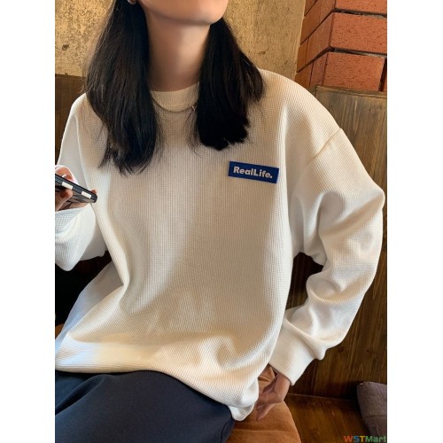 华夫格卫衣女新款韩版长袖纯色秋薄款百搭贴标宽松显瘦情侣装上衣