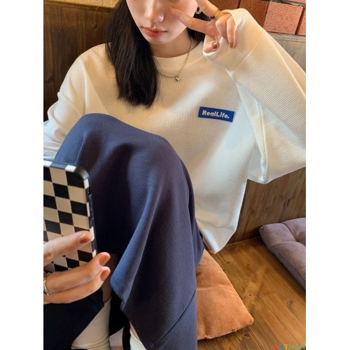 华夫格卫衣女新款韩版长袖纯色秋薄款百搭贴标宽松显瘦情侣装上衣