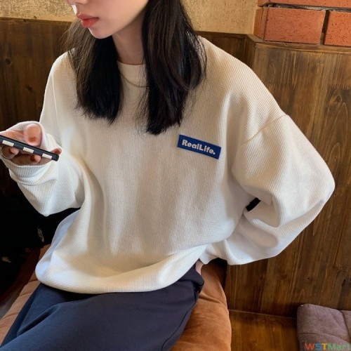 华夫格卫衣女新款韩版长袖纯色秋薄款百搭贴标宽松显瘦情侣装上衣