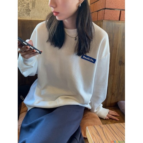 华夫格卫衣女新款韩版长袖纯色秋薄款百搭贴标宽松显瘦情侣装上衣