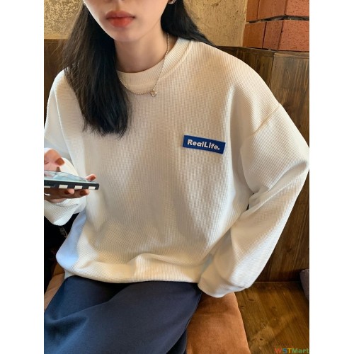 华夫格卫衣女新款韩版长袖纯色秋薄款百搭贴标宽松显瘦情侣装上衣