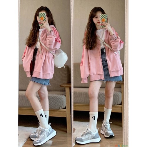 薄款宽松连帽棒球服卫衣加绒外套女秋冬长袖条纹上衣跨境女装外贸