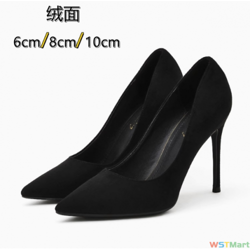 2021春季新款跟鞋细跟尖头浅口绒面时尚欧美鞋性感OL女鞋