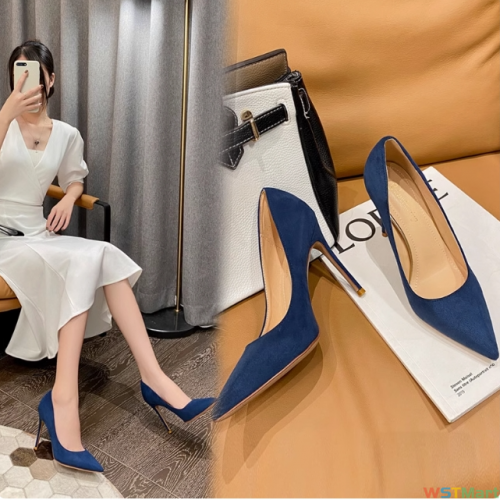 2021春季新款跟鞋细跟尖头浅口绒面时尚欧美鞋性感OL女鞋