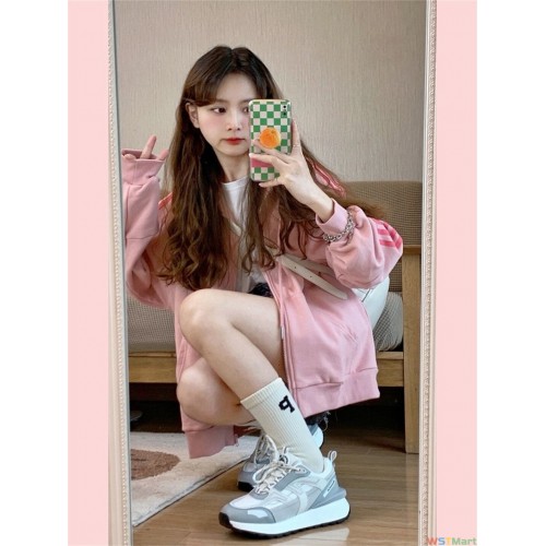 薄款宽松连帽棒球服卫衣加绒外套女秋冬长袖条纹上衣跨境女装外贸