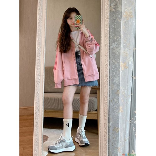 薄款宽松连帽棒球服卫衣加绒外套女秋冬长袖条纹上衣跨境女装外贸