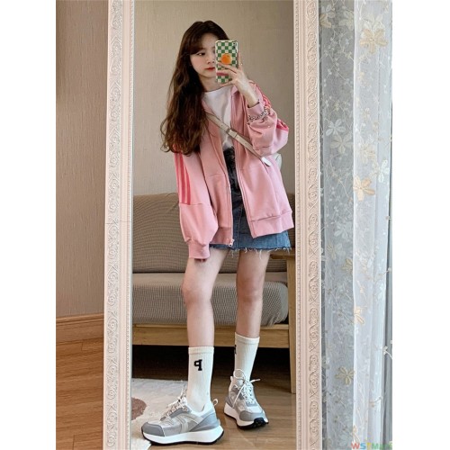 薄款宽松连帽棒球服卫衣加绒外套女秋冬长袖条纹上衣跨境女装外贸