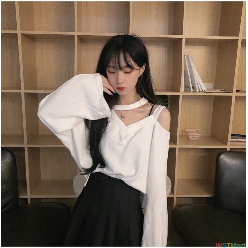 白色长袖T恤女辣妹打底衫锁骨露肩设计感上衣显瘦2023秋款女装潮