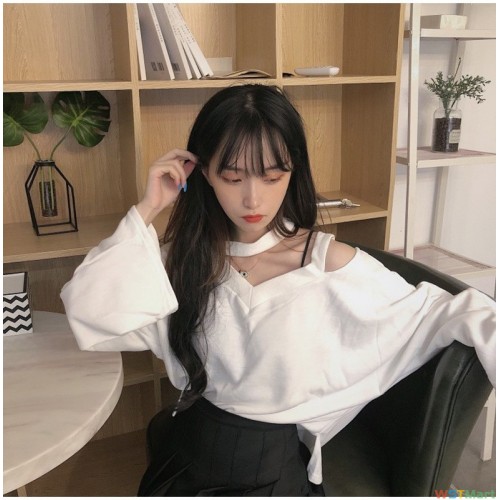 白色长袖T恤女辣妹打底衫锁骨露肩设计感上衣显瘦2023秋款女装潮