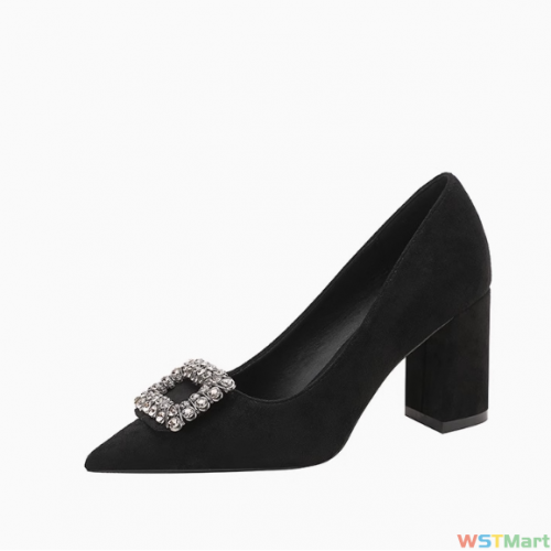 2023新款粗跟尖头百搭通勤气质跟鞋舒适不累脚百搭绒面饰扣鞋