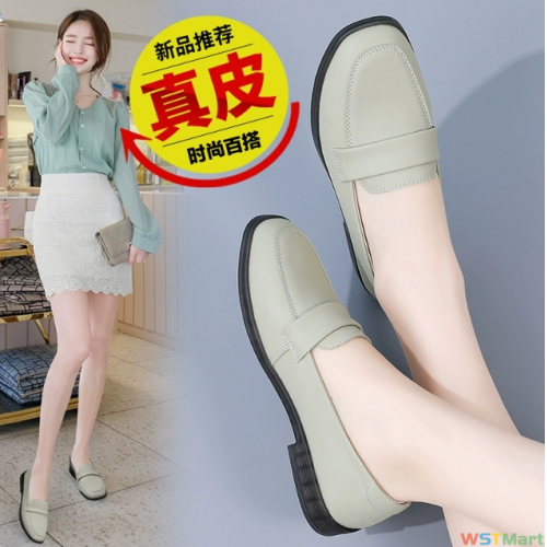 真牛皮方头一脚蹬女鞋2022新款平底春秋鞋软底豆豆鞋鞋皮鞋