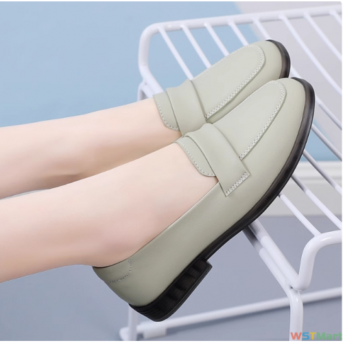 真牛皮方头一脚蹬女鞋2022新款平底春秋鞋软底豆豆鞋鞋皮鞋