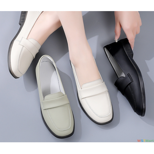 真牛皮方头一脚蹬女鞋2022新款平底春秋鞋软底豆豆鞋鞋皮鞋