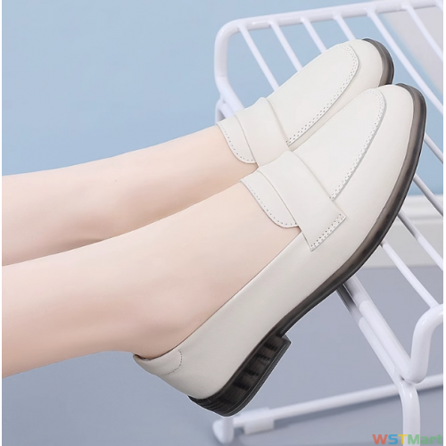 真牛皮方头一脚蹬女鞋2022新款平底春秋鞋软底豆豆鞋鞋皮鞋