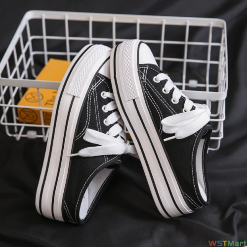 富步2024春季新款厚底内5cm帆布鞋女松糕底胶鞋学生半托布鞋