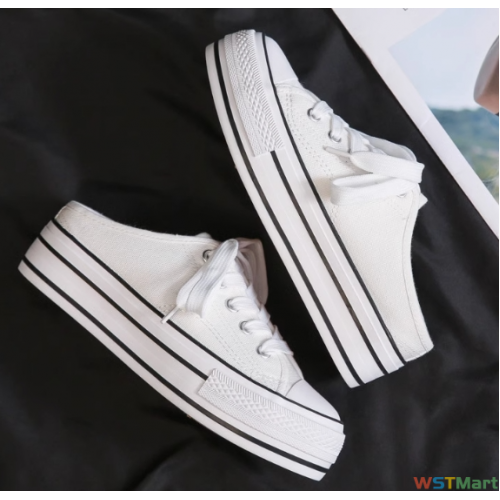 富步2024春季新款厚底内5cm帆布鞋女松糕底胶鞋学生半托布鞋