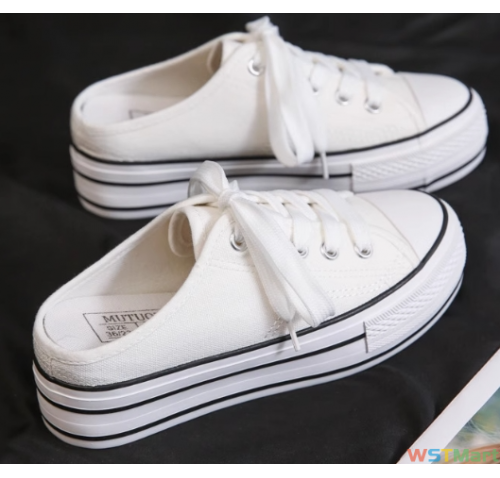 富步2024春季新款厚底内5cm帆布鞋女松糕底胶鞋学生半托布鞋