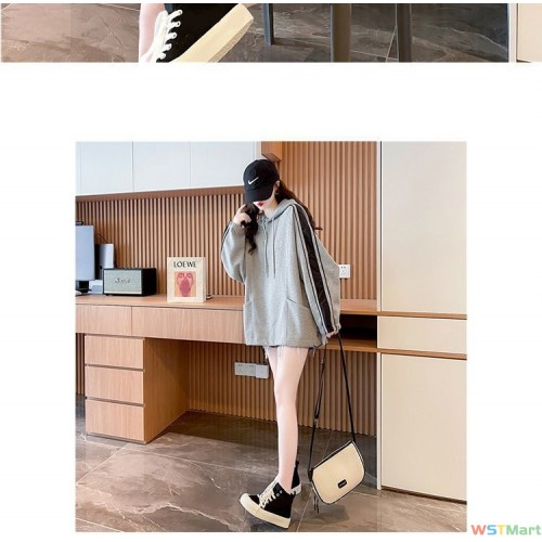 拼接华夫格连帽卫衣女2024新款早秋薄款慵懒风休闲宽松上衣潮跨境