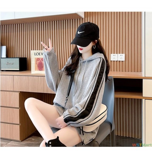 拼接华夫格连帽卫衣女2024新款早秋薄款慵懒风休闲宽松上衣潮跨境