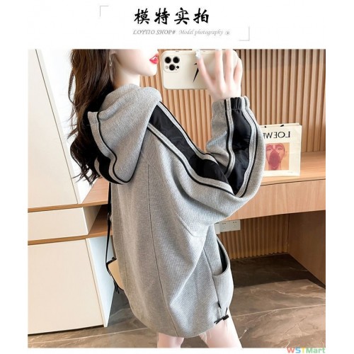 拼接华夫格连帽卫衣女2024新款早秋薄款慵懒风休闲宽松上衣潮跨境