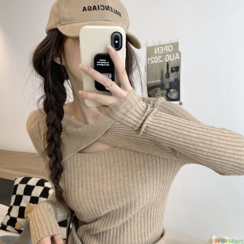 设计感镂空长袖针织衫女装秋季韩版新款修身显瘦弹力内搭打底上衣