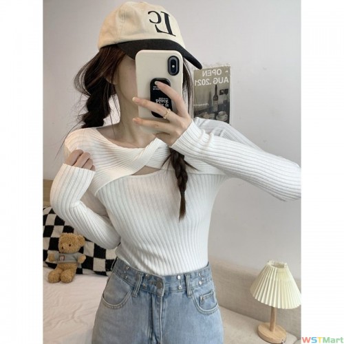 设计感镂空长袖针织衫女装秋季韩版新款修身显瘦弹力内搭打底上衣