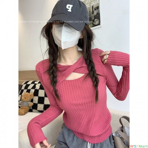 设计感镂空长袖针织衫女装秋季韩版新款修身显瘦弹力内搭打底上衣