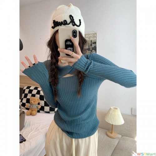 设计感镂空长袖针织衫女装秋季韩版新款修身显瘦弹力内搭打底上衣