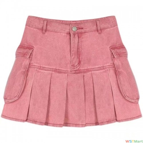 千禧辣妹粉色裙子腰短裙美式夏季设计感a字牛仔半身裙百褶裙潮