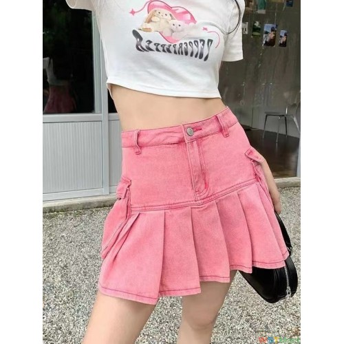 千禧辣妹粉色裙子腰短裙美式夏季设计感a字牛仔半身裙百褶裙潮