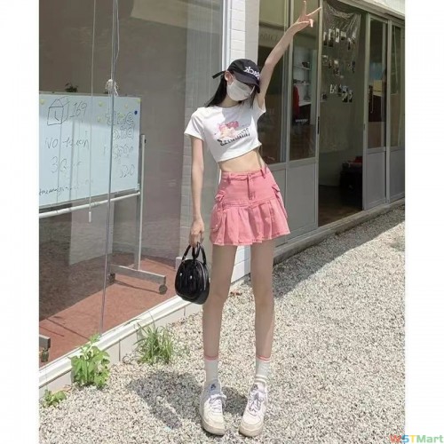 千禧辣妹粉色裙子腰短裙美式夏季设计感a字牛仔半身裙百褶裙潮